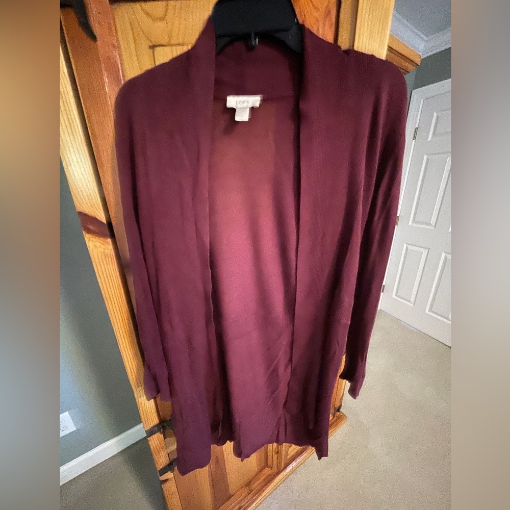 Loft Open Front 3/4 Sleeve Cardigan | Burgundy | M